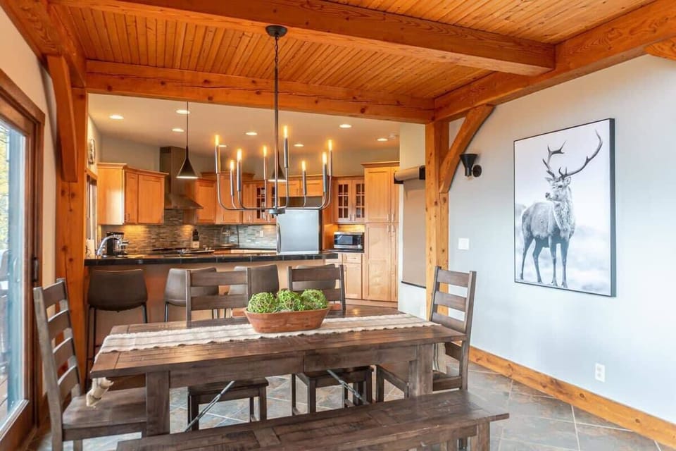 The view into the kitchen as seen from the dining area.