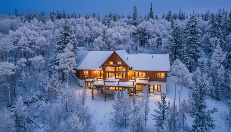 An aerial, overhead view of this beautiful secluded custom home located among the trees in Alma.