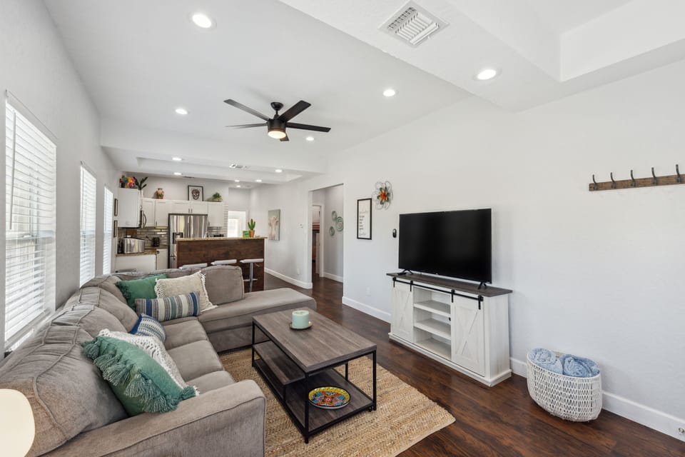 Living room with ROKU tv and sleeper sofa