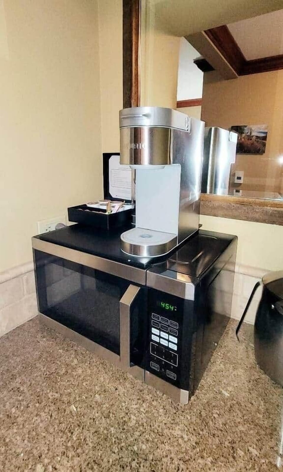 Dav's Keurig® coffee, microwave and minifridge