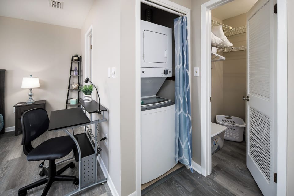 Work desk area and stackable washer/dryer