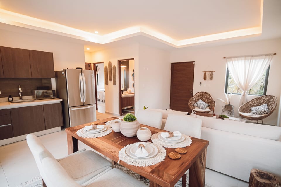 Dining, living room and kitchen