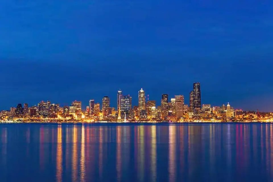 Night view of downtown Seattle from Alki beach (5-10 mins away)
