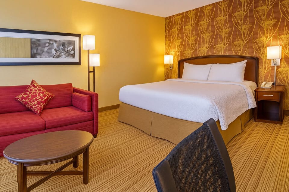 Unwind on the plush bed with cozy lounge seating nearby.