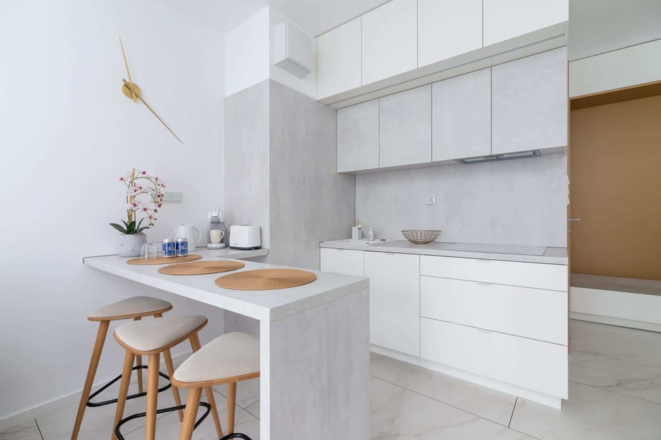 Living room with kitchenette.