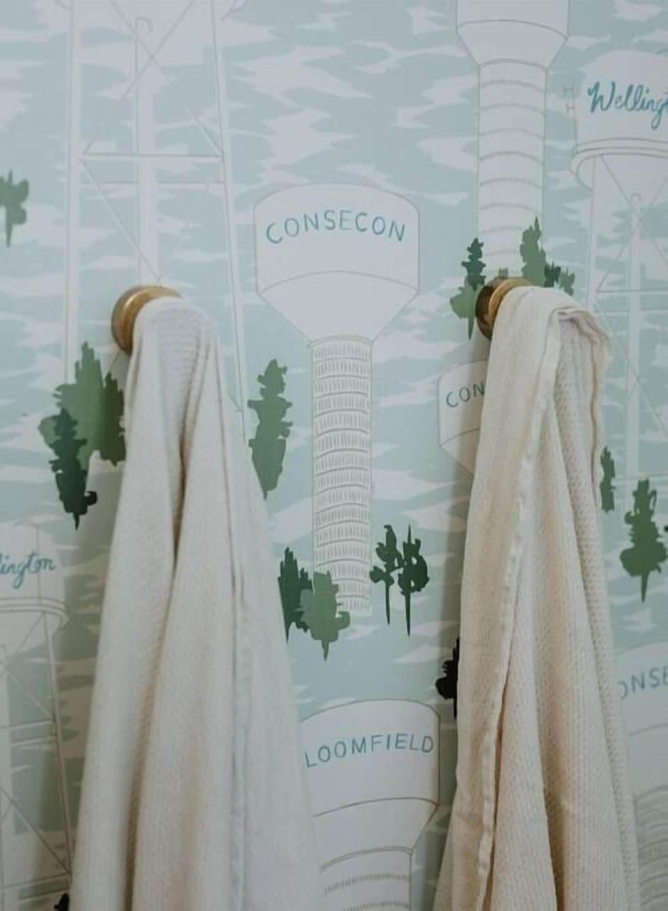 Bathroom features wall to wall wallpaper by local artist Kate Golding.