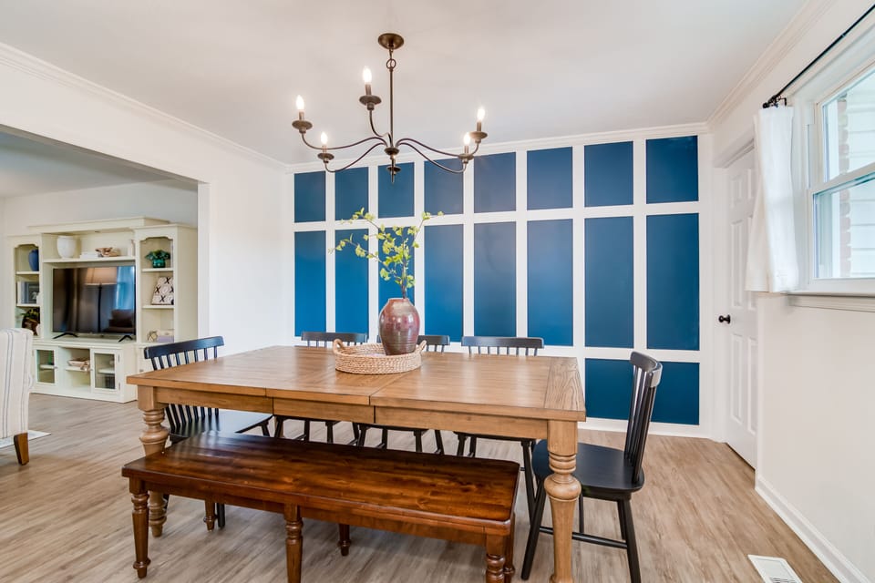 Large dining room with seating for 8 people. Island will seat 2 additional.