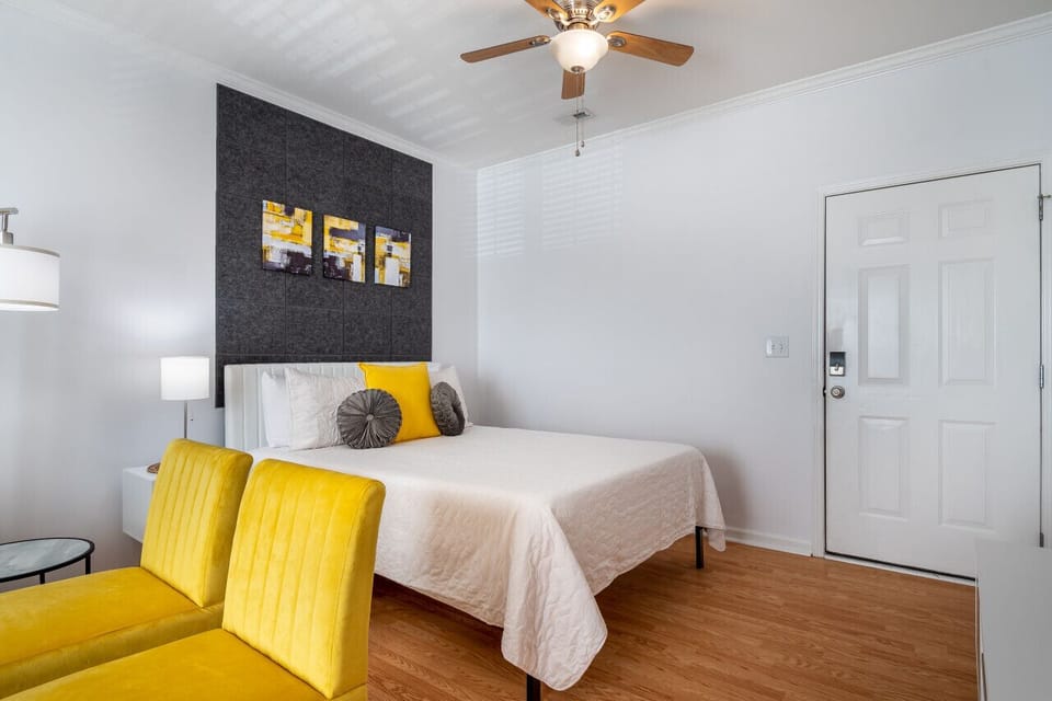 Queen bed and front door