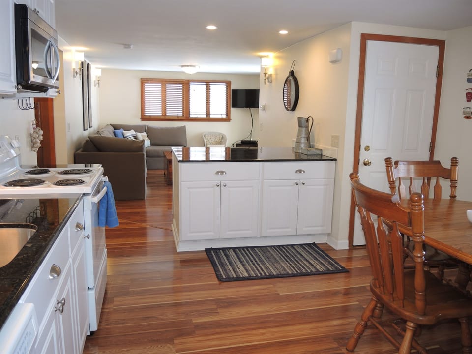 Kitchen, dining, living areas