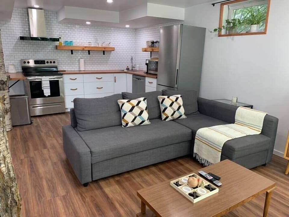 The living room and kitchen