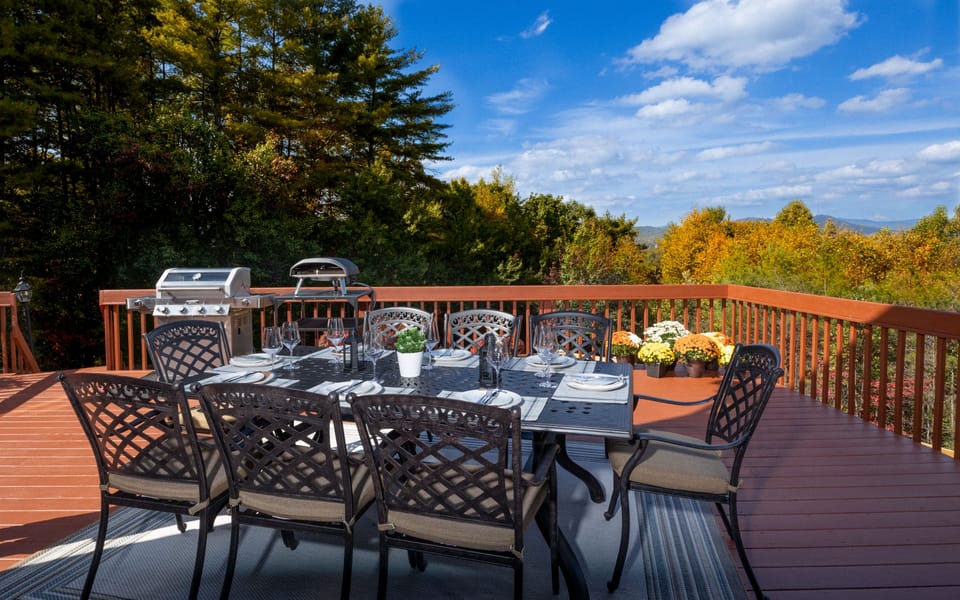 Outdoor dining with grill and pizza oven