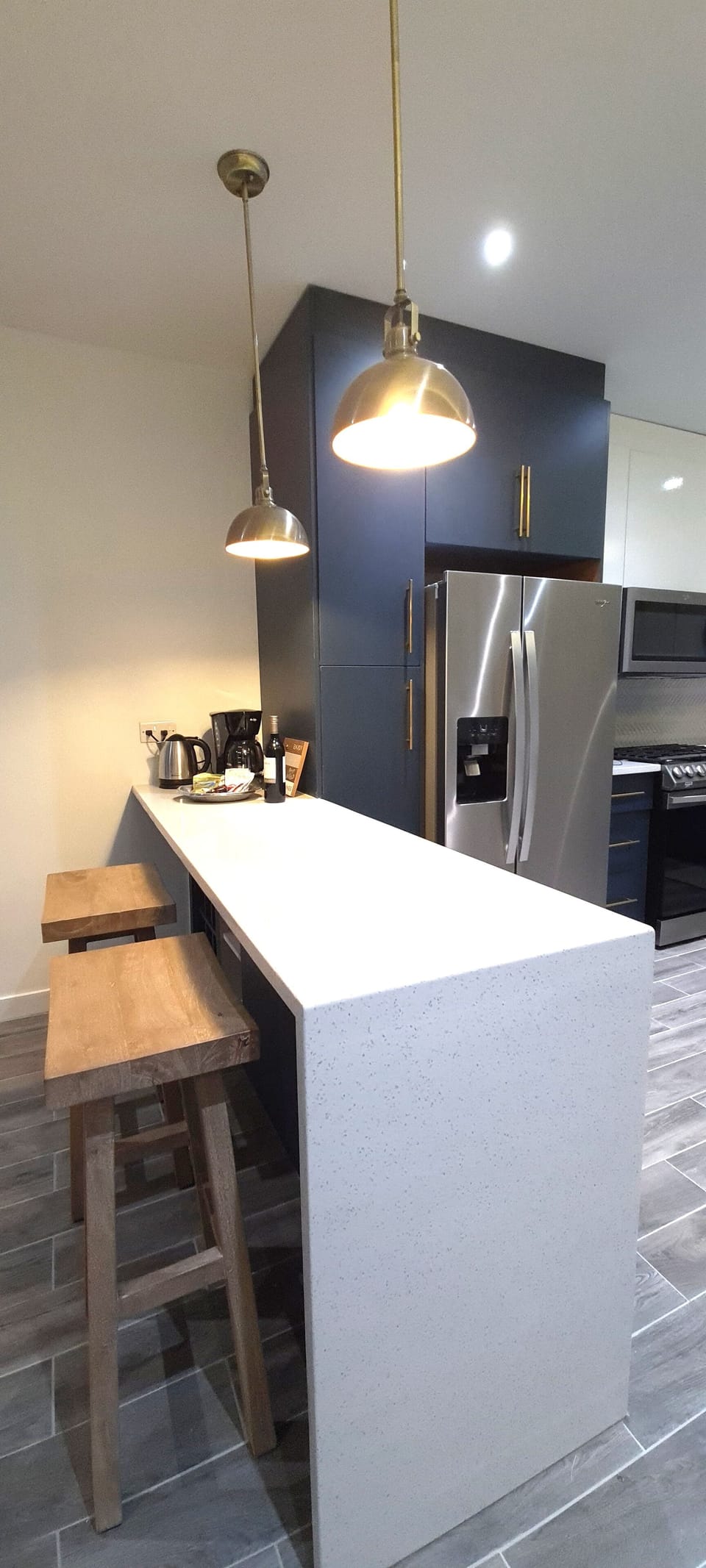 The bar counter is a great place to start your day with a cup of coffee.