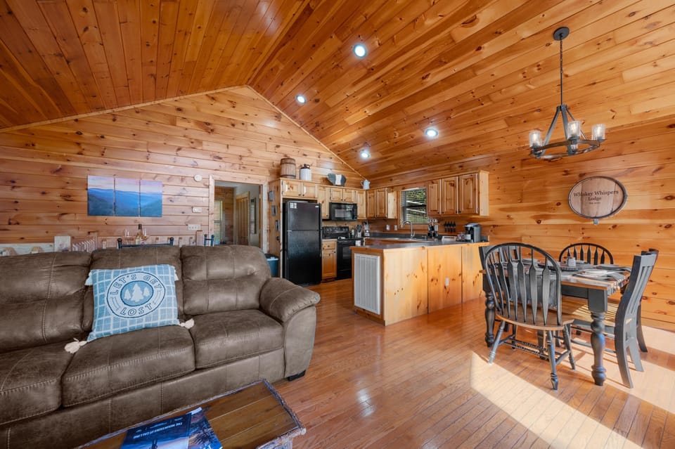 Whiskey Whispers Lodge has a true cabin vibe with a wood interior.