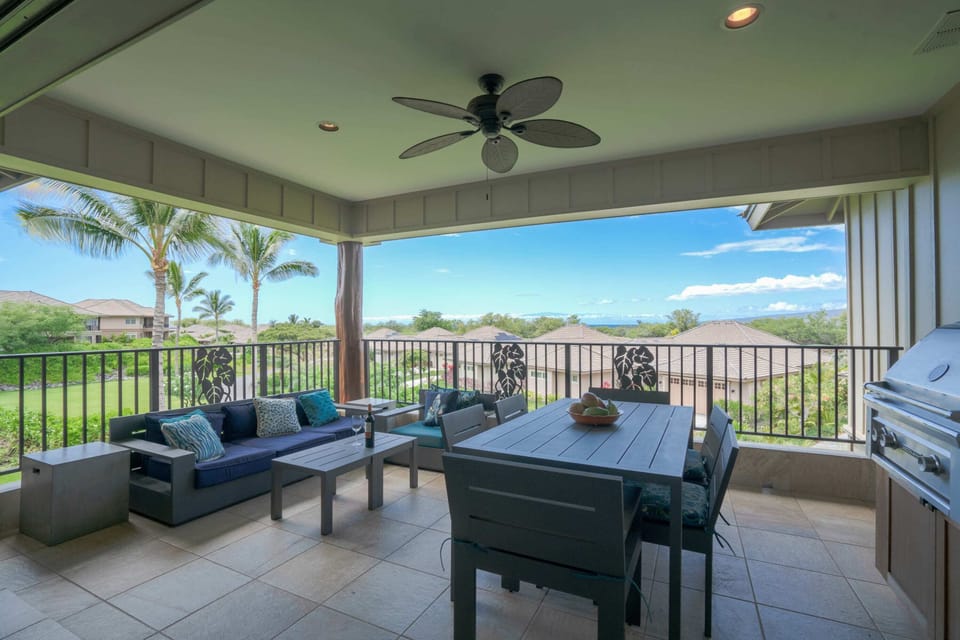 Large upstairs lanai with ample seating and gas BBQ.  Ocean and mountain views.