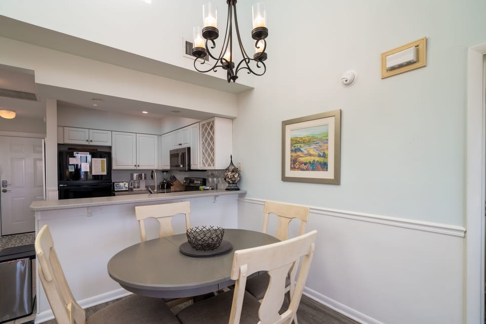 The dining table seats four