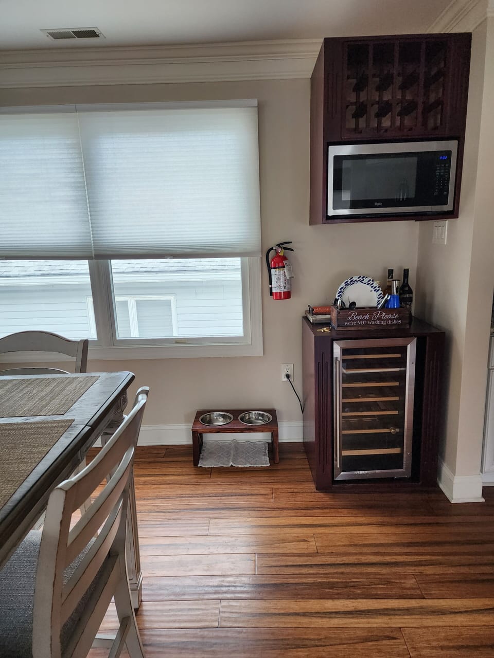 wine refrigerator, microwave & bowls for your pup