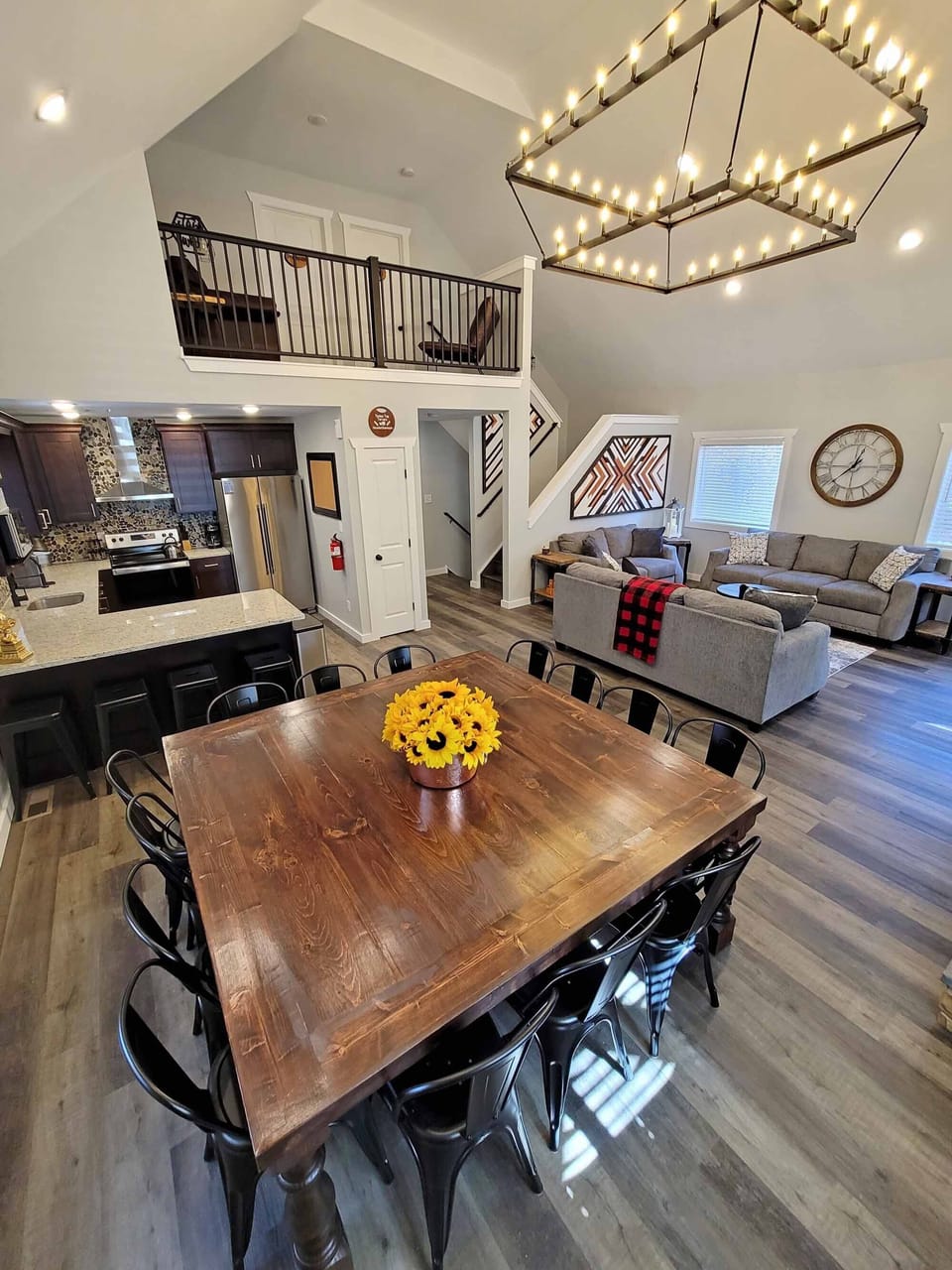 Right next to the kitchen is the dining area, which seats up to 16 guests.