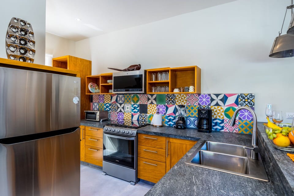 Microwave,stove,fridge,coffemaker, blinder, oven,toaster, zink.