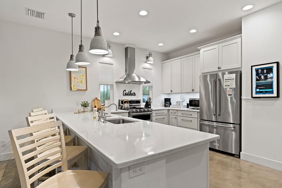 The kitchen island seats 4!