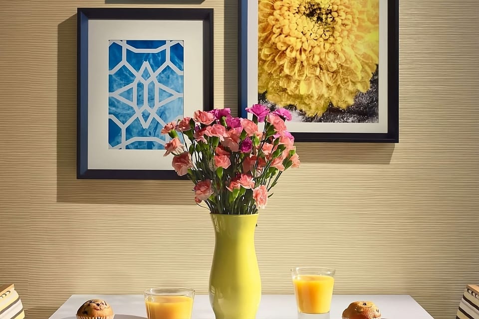 Start your morning with pastries and juice at the table.