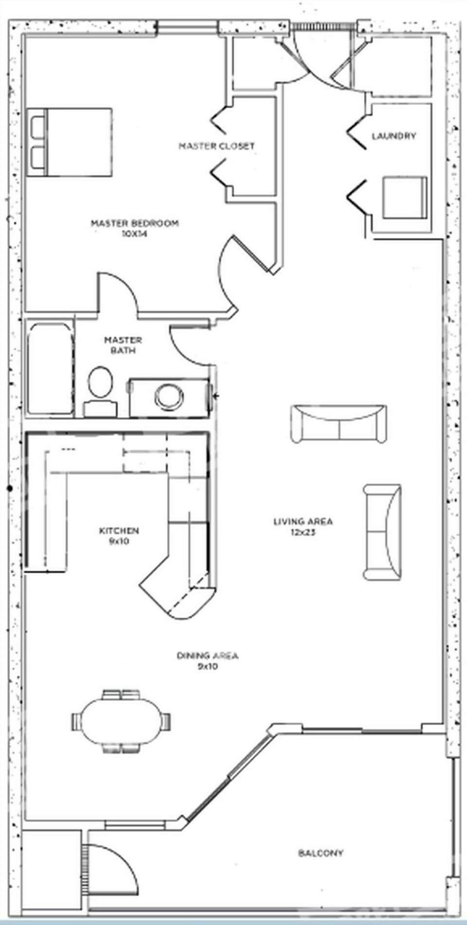 Floor plan of a one-bedroom residence featuring a living area, kitchen, dining space, and balcony, ideal for relaxing