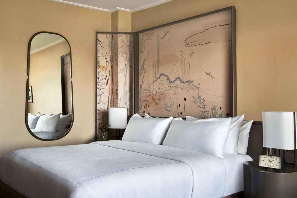 Relax beside soft lighting and artful details for a restful night.