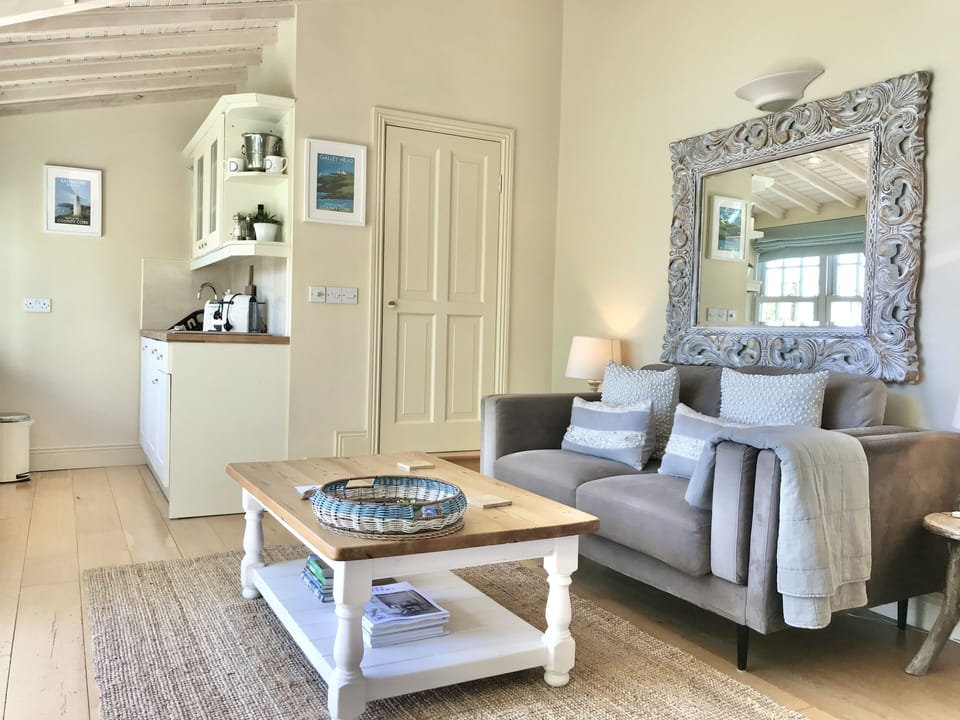 Living area, kitchenette, door to shower room