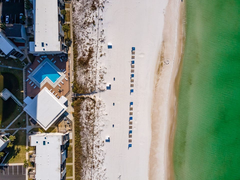 Skyscraper overview of the resort and beach access!