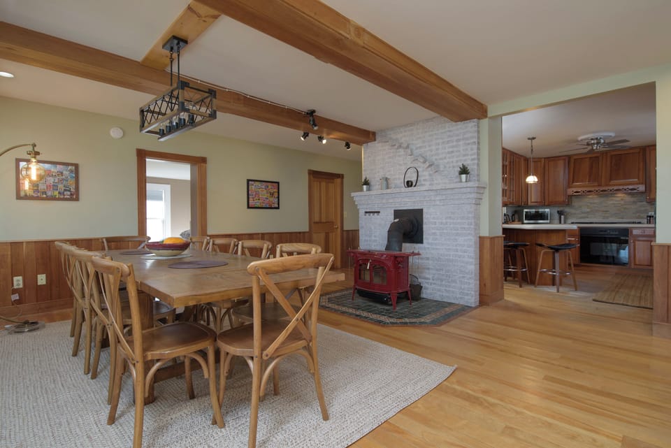 Family room with woodstove, cool in summer and warm in winter!