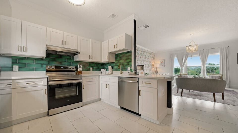 Kitchen into living room.