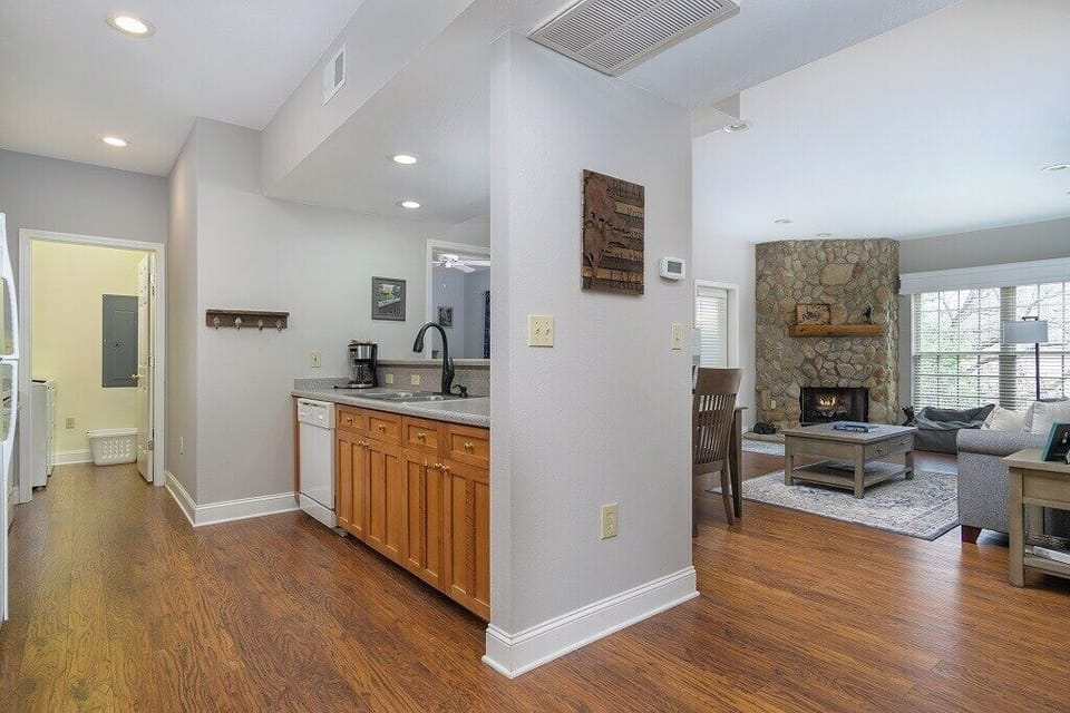 Spacious kitchen overlooking the living room.