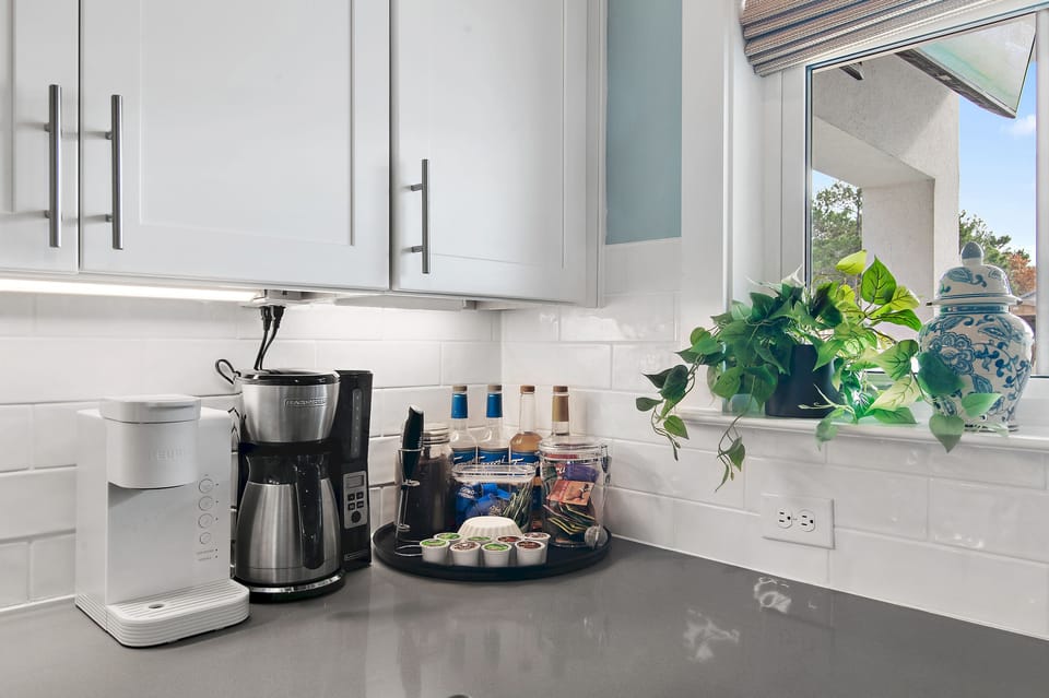Your morning pick-me-up station—coffee, syrups, and all the essentials in one place