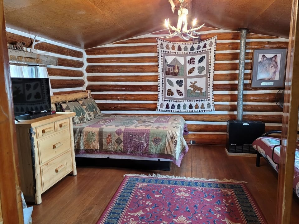 back room with TV & Queen bed