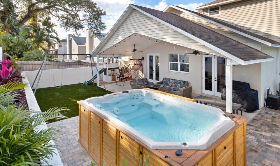 Large heated swim spa for adults to relax and/or kids to play.  Lockable cover.