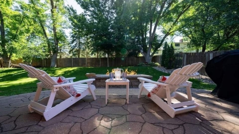 Large firepit with mature trees and private view.