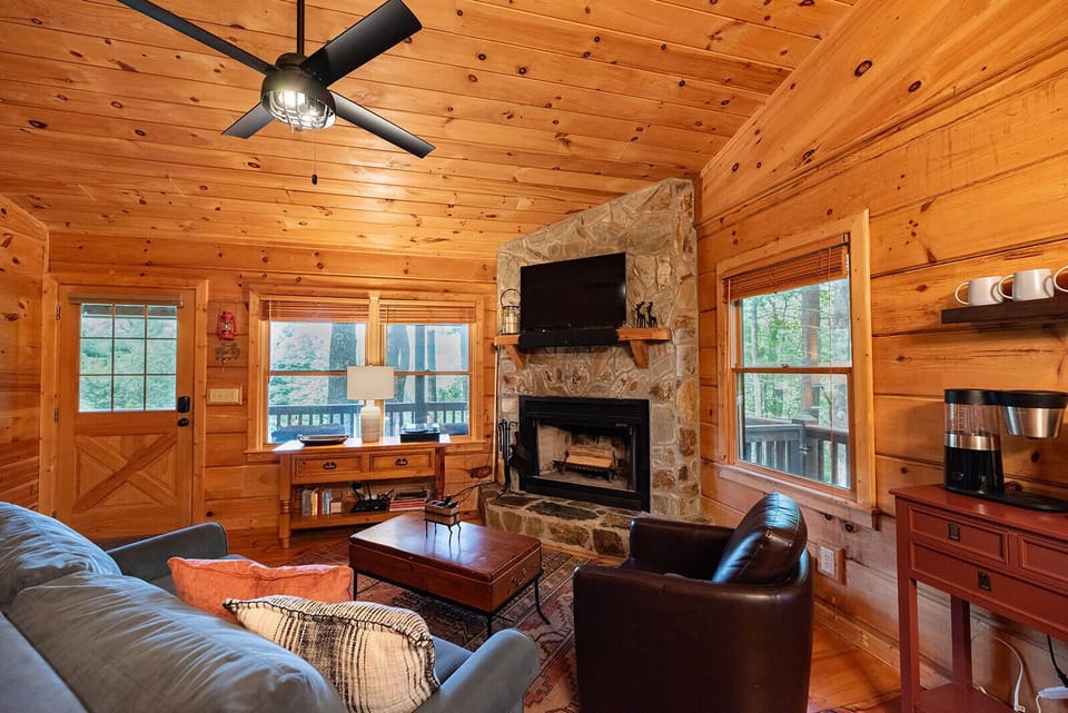 Living room with mountain and forest views, Roku TV and wood-burning fireplace.