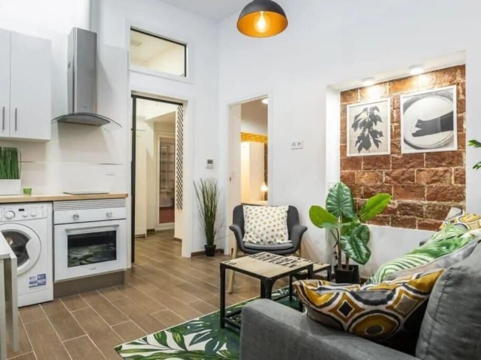 Large living room with kitchen