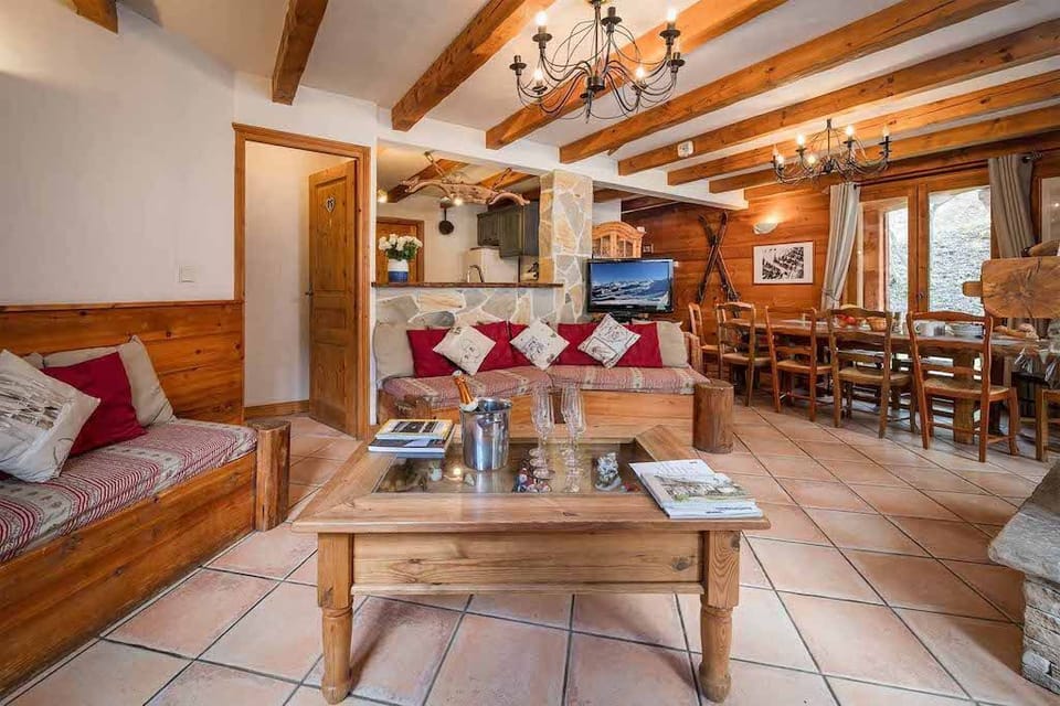 Relax in the rustic living area.