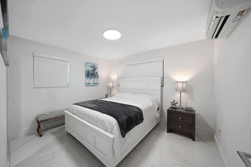 This bedroom has a queen-size bed and good-sized cabinet. Sheets are high quality and mattresses are new, comfortable, and well protected with mattress encasement, and waterproof mattress protectors.