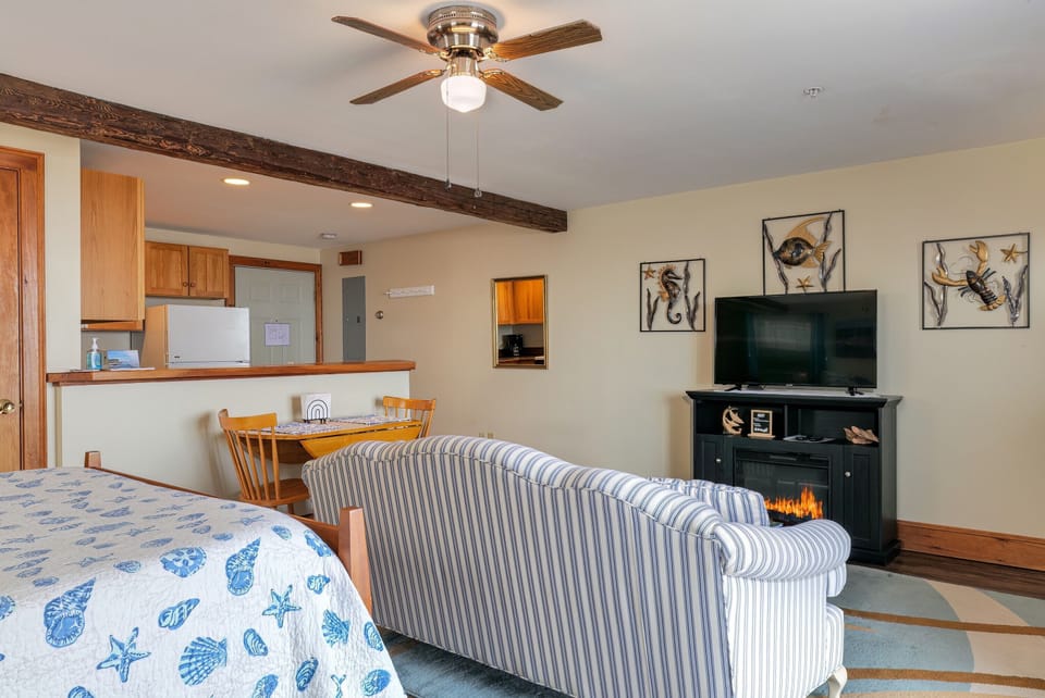 Living room area - Smart TV (includes Hulu Live, Disney+) and electric fireplace.