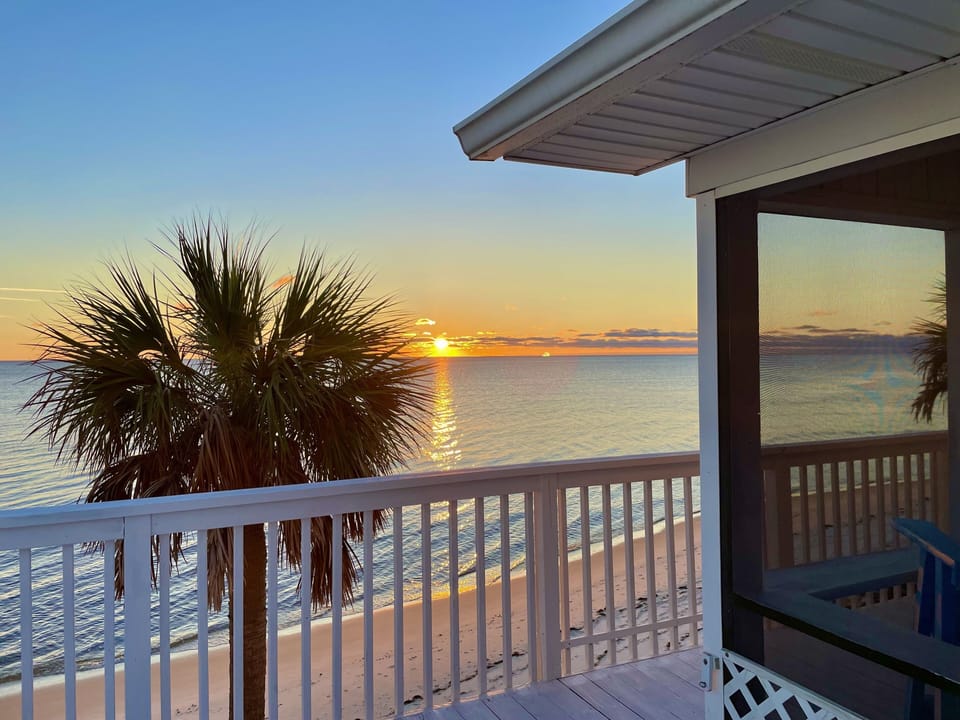 Incredible sunrise from the master bedroom deck, framed by palm trees and sand! 