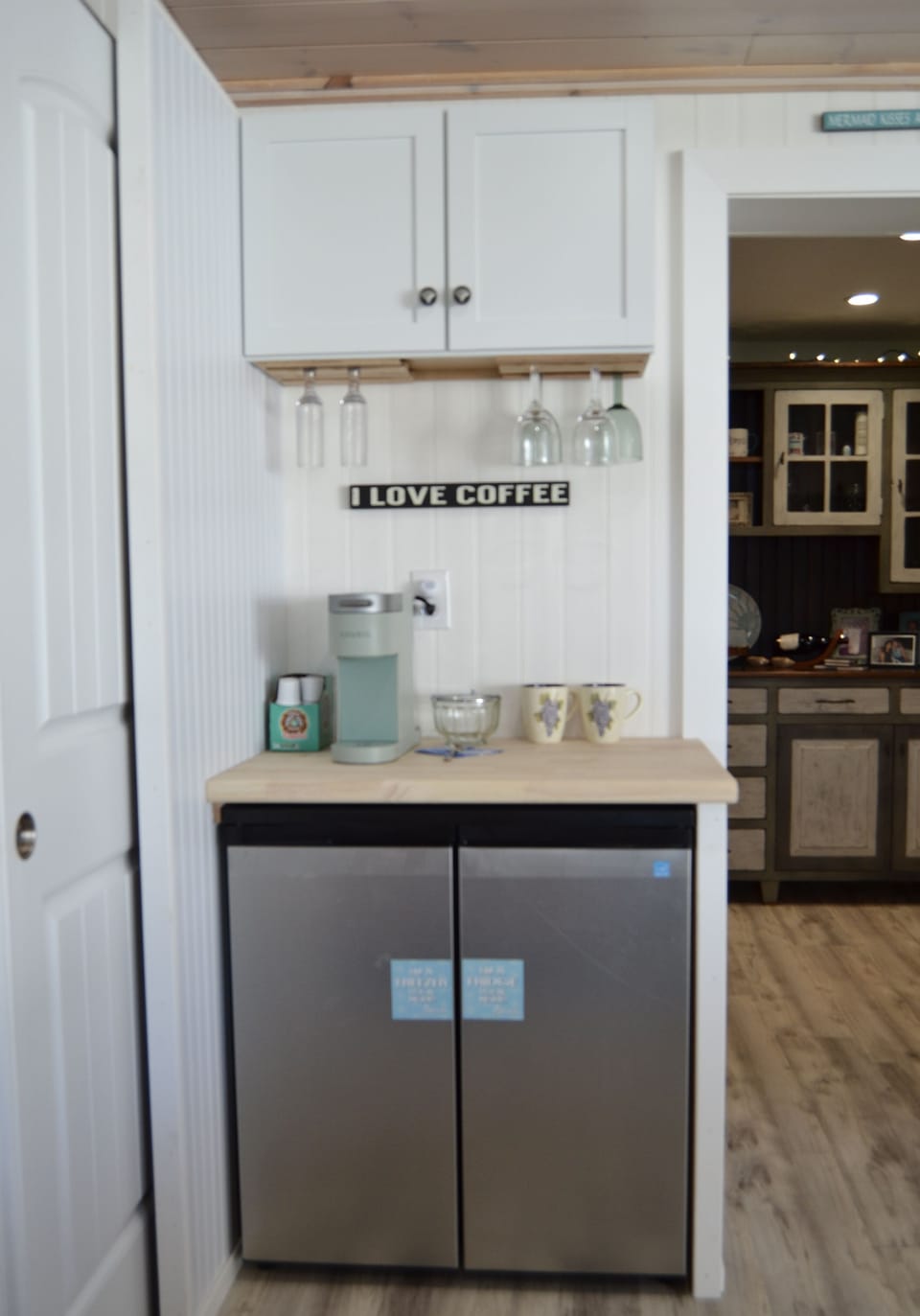 Coffee area with refrigerator and freezer