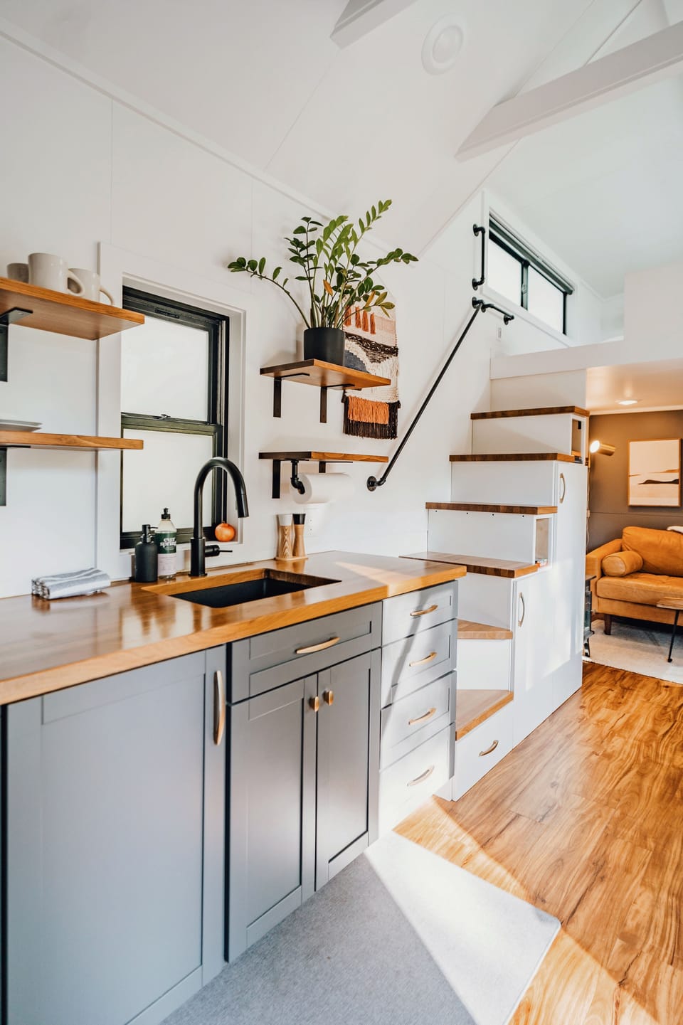 The stairway leading to the bedroom loft. 