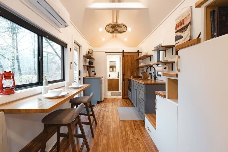 Our large dining table easily seats two - or can be used as a work desk when it's not meal time.