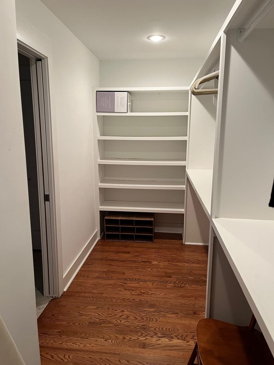 Walk-in closet in master bedroom. Large enough to set up a port-a-crib.