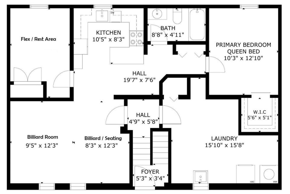 A detailed floor plan of the lower unit of the rental.
