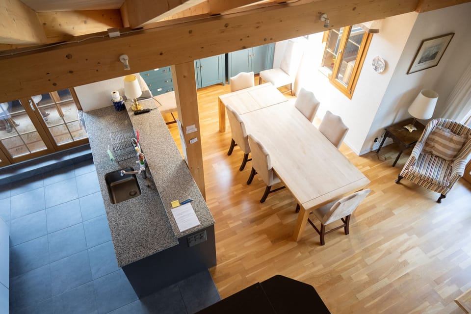 View of kitchen and dining table from the mezzanine :) 
