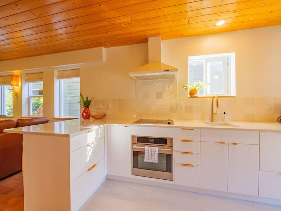 Stove, oven, and hood fan in the kitchen.