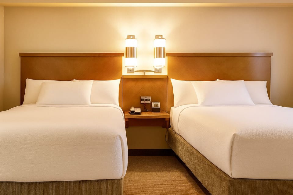 Unwind in crisp linens with warm, hotel-style bedside lighting.