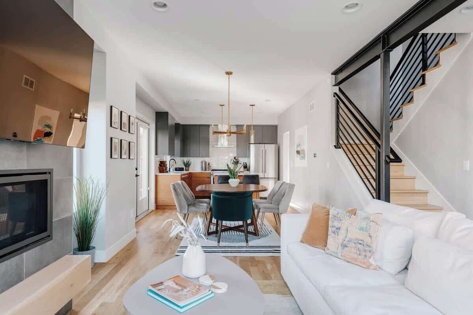 Open space floor plan with living area, dining area and kitchen